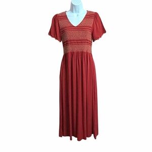 Baltic Born Womens Leeds Boho Smocked Dress L Rust Flutter Sleeves Embroidered